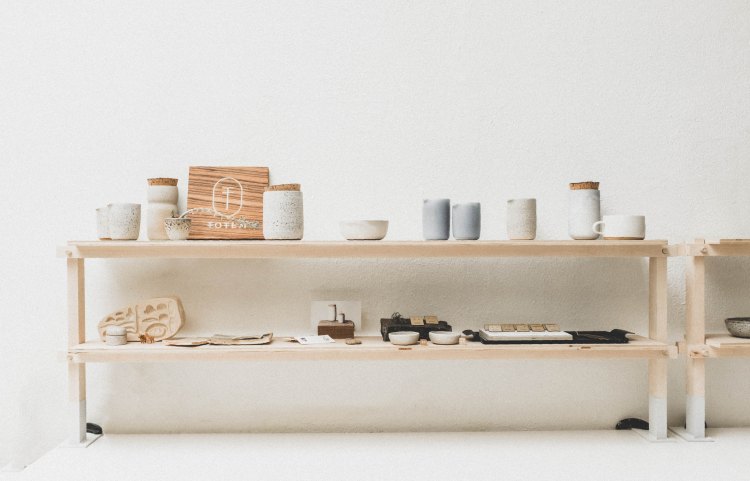 bowl, jars, mugs, wood shelf, kitchen, while wall